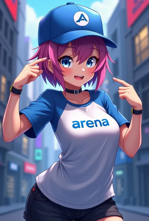 A FEMALE CHARACTER WITH A BLUE HAT ON THE BACK AND A BLUE T-SHIRT WRITTEN "arena" DO FF DOLL