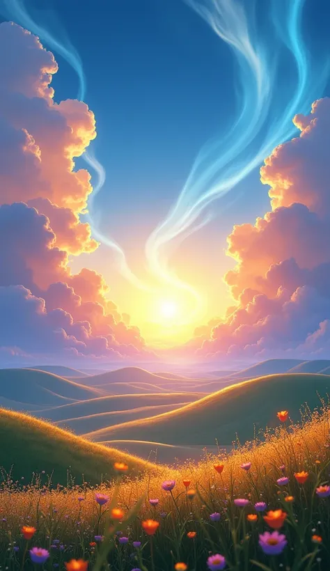 Create a Disney Pixar style wide shot of a dreamy landscape with swirling blue skies and a glowing golden sunset. The scene shows vibrant, painterly clouds blending into the horizon. The point of view is a wide panoramic perspective, and the lighting is ra...