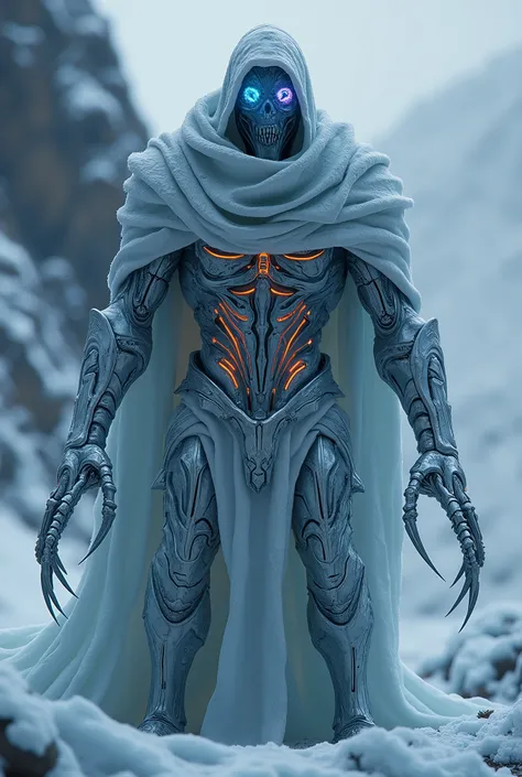 breathtaking cinematic science fiction photo of a portrait of a non human masked Grim dressed as a jokul knight with long metal nails in dirty red metalskin covered in ice frost, body full glowing metrics inside, glowing multicoloured eyes, multifaceted ey...