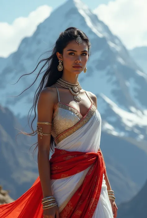 {{Snow mountain}}, Indian Goddess {{Kamini}}, {{Goddess  of lust}}, {{red and white saree}} ,walking toward camera, masterpiece, top quality, (pale skin), (Ultra detailed face and eyes:1.2), depth of field, bokeh, (special attention to skin detail: 1.2), d...