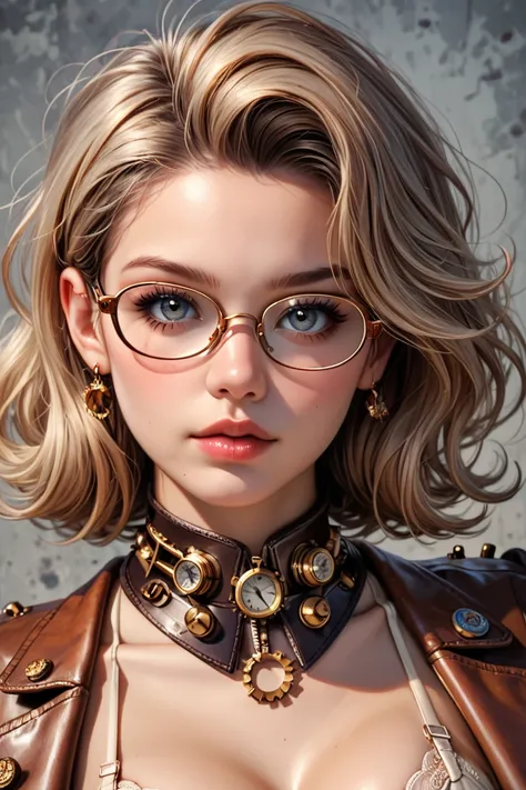  score_9,  score_8_above,  score_7_above,  score_6_above, Photo, realism, Photorealistic,  Steampunk industrial mechanical girl ,  perfectly detailed face , (has:0.8), glasses, very large breasts, steampunk double-breasted beige leather bra, pleated beige ...