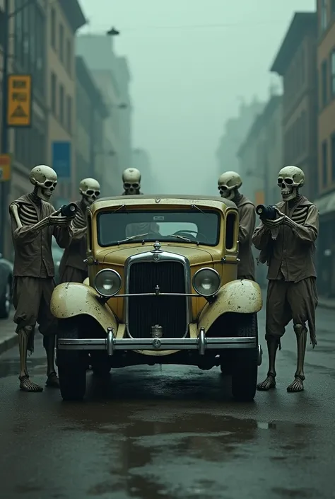 Old car standing on the street while several skeletons photograph