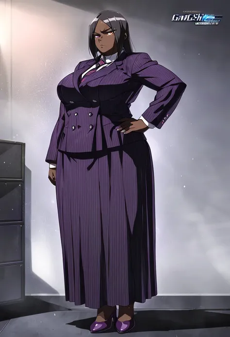  Full body Yoruichi as a fat  Black business woman in a double breasted pinstripe purple  skirt suit while wearing a tie with a purple pinstripe skirt and with purple wearing purple heels full art anime 