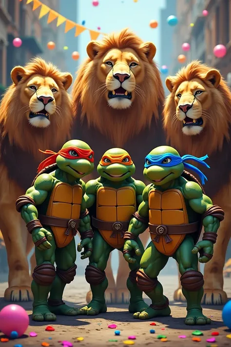 Ninja turtles at a party with some lions 