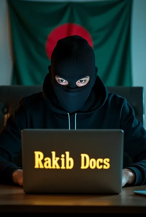 A male thief wearing a mask is collecting data while operating a laptop. The back of the laptop has Rakib Docs written in yellow. The data collector has a Bangladeshi flag behind him.