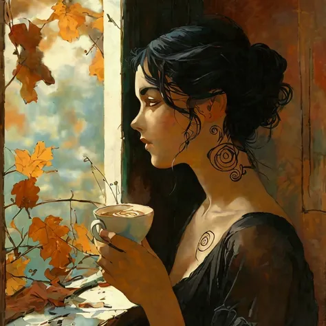 Painting of a woman drinking a cup of coffee, leaning against a wall, with a tiny spiral tattoo in her neck. The spiral tattoo is painted with brown ink. Painting in the artistic style of Alfons Mucha. Tiny stars in background with autumn leaves and some w...