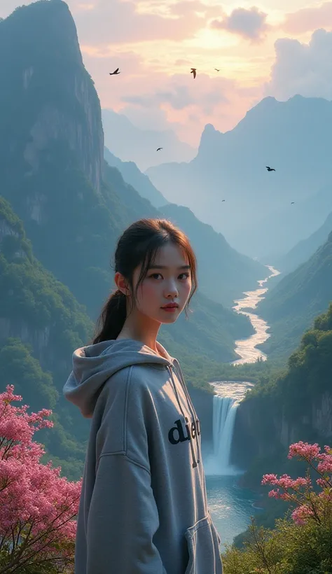 Potrait naturalistic, 21 year old asian girl, looking at camera, wearing hoodie, with letter"DIETTA",wearing blue jeans in the mountainous landscape, towering peaks, lush greenery, twilight, getting dark, crystal-clear lakes, meandering rivers, birds, wate...