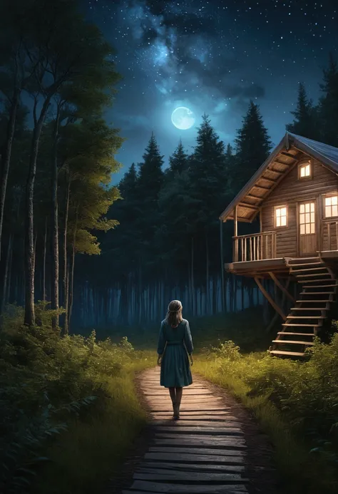 a  women walking alone in a moonlit forest clearing, wooden hut in the distance, stars in the night sky, (best quality,4k,8k,highres,masterpiece:1.2),ultra-detailed,(realistic,photorealistic,photo-realistic:1.37),detailed eyes,detailed lips,long eyelashes,...