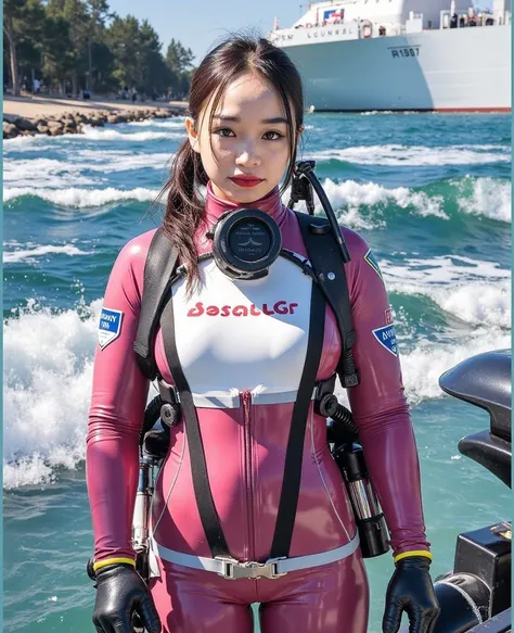 A documentary photo, Photo-realistic, ultra-realistic, (Japanese beautiful young woman, famous Japanese idol, boyish cool face:1.3), wetlook rubberish pink clothes,, she is a military diver of Japan navy, experienced military diver, wearing a professional ...