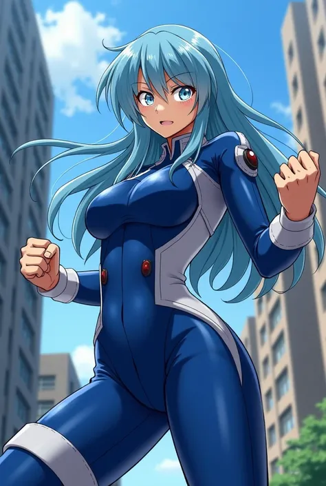  My Hero Academia Style ,   anime girl , woman, young woman ,  full body shot ,( Fighting Stance :1.3),Long Hair, Skyblue Hair,   Blue Eyes , hero suit, Full Body Suit,  Blue suit with white details, perfect anatomy,  enhanced abs , super detailed,(buildin...