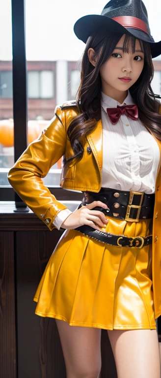  Innocent Idol Girl 、whole body、　Good style、、、、、、、、、、 thick legs、、 Shiny Orange Fancy Uniform、 steampunk jacket （ WHITE AND GOLD ）、、 Halloween Belt 、Pure Girl&#39;Face、、