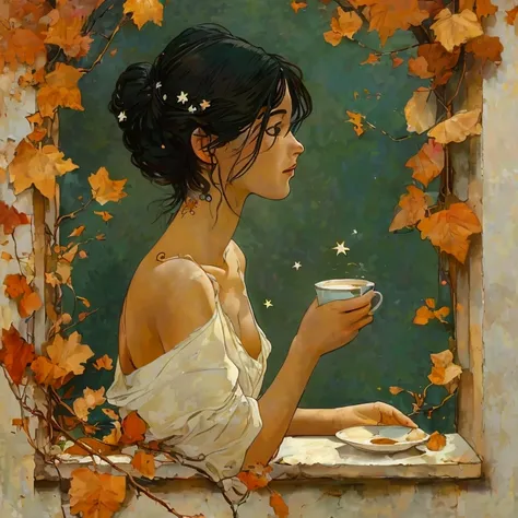 Painting of a woman drinking a cup of coffee, leaning against a wall, with a tiny star tattoo in her neck. The tiny star tattoo is painted with light-brown ink. Painting in the artistic style of Alfons Mucha. Tiny stars in background with autumn leaves and...