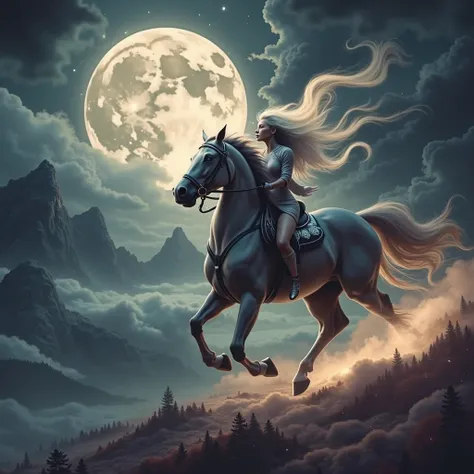 в лунном свете прекрасная женщина верхом на лошади над cloudsми, goddess on a moonhorse , Cloud Valley, clouds, Mountains, trees, her long blond hair is fluttering, wearing a grey fitted jumpsuit, dynamic camera, among the clouds, clouds, Riding a horse on...