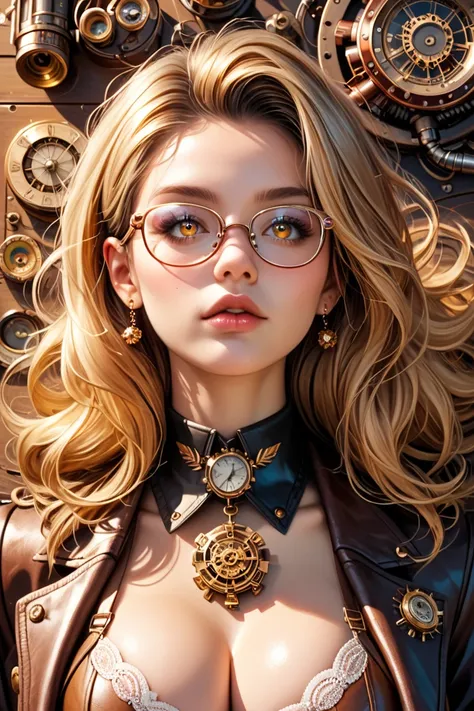  score_9,  score_8_above,  score_7_above,  score_6_above, Photo, realism, super realistic Chinese hair ,  long golden hair,realistic bicolor eyes , Photorealistic,  Steampunk industrial mechanical girl ,  perfectly detailed face , (has:0.8), glasses, very ...