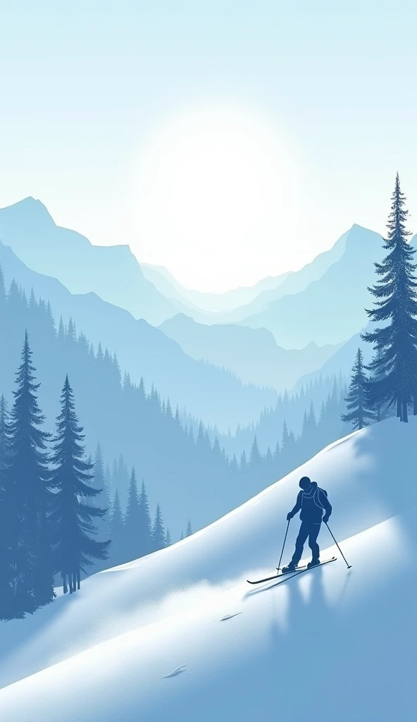 A serene, minimalistic winter landscape at sunrise, featuring layers of soft, overlapping silhouettes of snowy mountains and pine trees in cool tones of blue and white. The sunlight glows softly, diffusing cool light across the scene, creating subtle gradi...