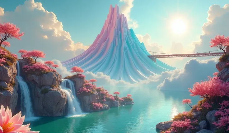 A surreal mountain peak emerging from the clouds, with undulating, geometric shapes that defy gravity. The mountain is composed of layers of polished pastel-colored rock, like a rose, blue and mint green, that reflect sunlight in a mesmerizing pattern. The...