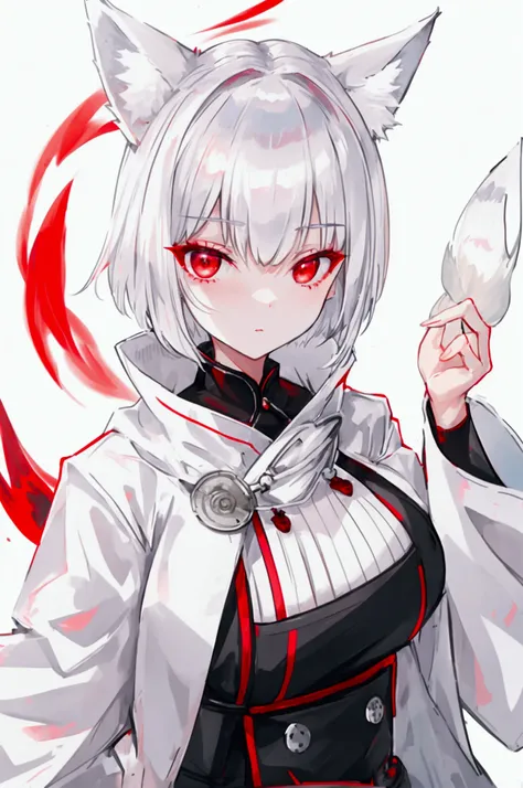 Silver hair, short hair, red eyes, cute face,i cup , White fox ears, nine white fox tails, There is a white fox mask on the top right of the head,white jacket 