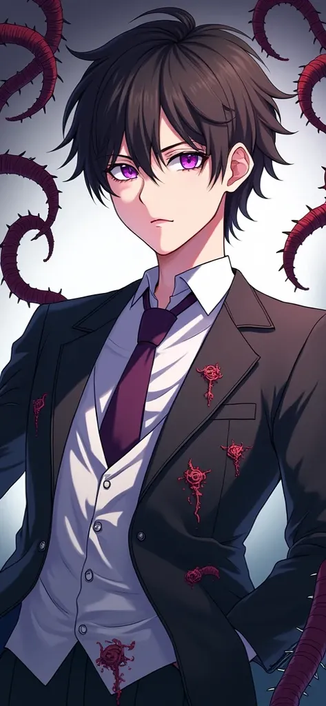  anime illustration、Thorny Tentacles、 purple eyes、Ripped Suit