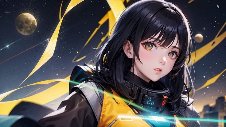 cover selected part onlyfrom future intelligence, technology background, complex mystery, unexpected variables, sudden result, strange things, transient waves, light fog, colorful signals, confident look, space black pioneer dress, yellow eyes, black hair