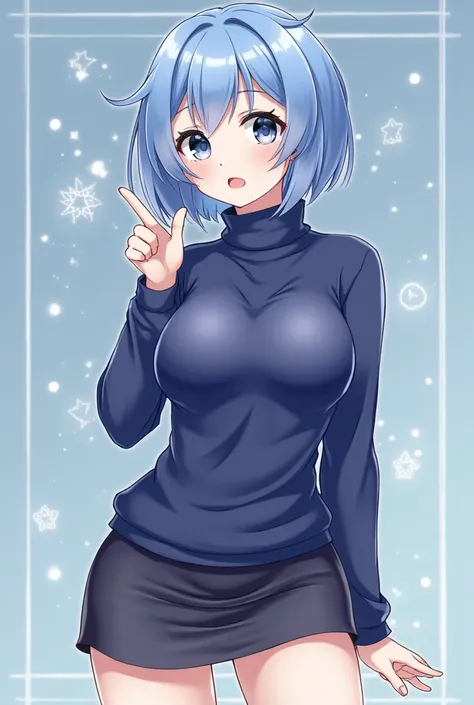 Create the character of Genshin. Cute  look, short blue hair the same color as the color of the galaxy. Wear a turtleneck sweater, short skirt until you get tight thighs, big breasts, white eyes.หน้าอกใหญ่, สาวรุ่นแม่