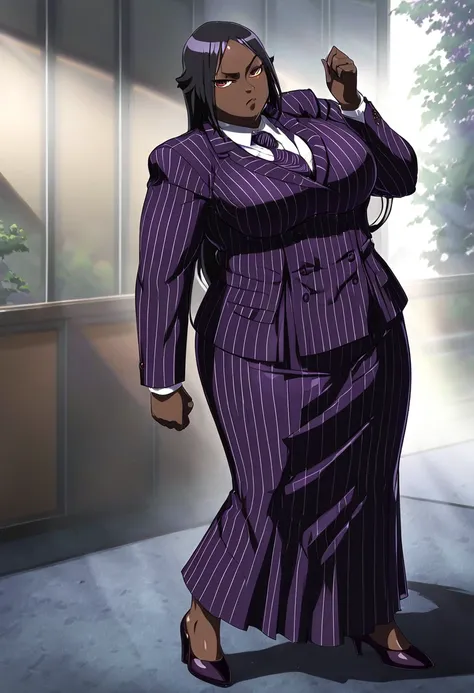  Full body Yoruichi as a fat  Black business woman in a double breasted pinstripe purple  skirt suit while wearing a tie with a purple pinstripe skirt and with purple wearing purple heels full art anime 