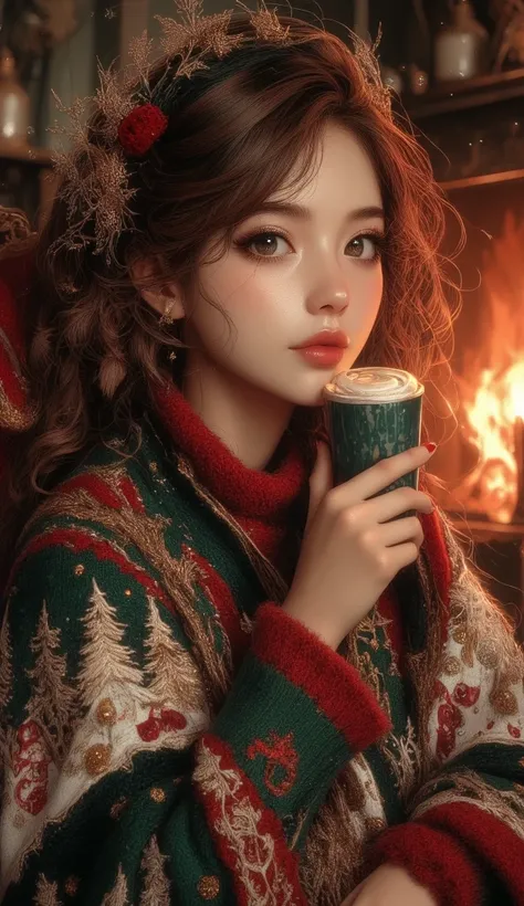 A beautiful woman with beautiful eyes:1.2, detailed eyes, beautiful full lips, highly detailed eyes and faces, long eyelashes, cute expression, smile, sitting:1.4, holding a cup of hot latte, homely background, Christmas sweater, fireplace, warm light, det...