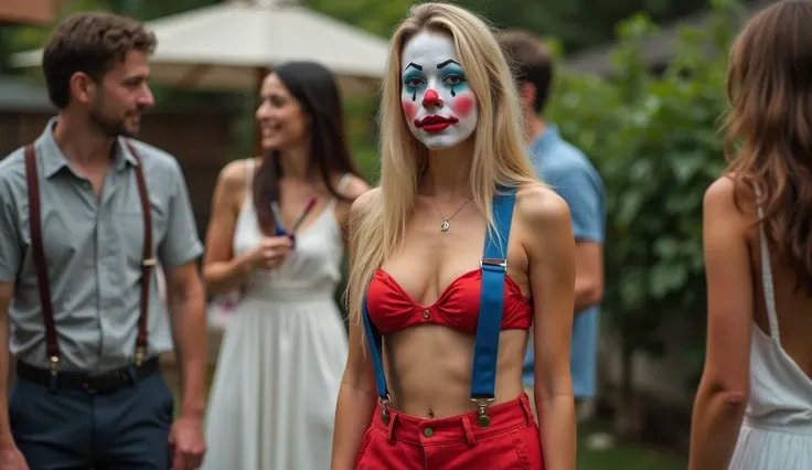 an attractive thin female with long blonde hair wearing clown makeup, a revealing clown suit consisting of a red bikini top, wide blue suspenders and red shorts and white running shoes at a backyard party with a man in a grey shirt and dark pants. She is s...