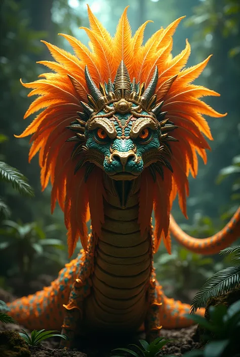 ukukan, mayan mythology, feathered serpent god, god of creation and knowledge, highly detailed realistic photograph, masterpiece, cinematic lighting, dramatic camera angle, intricate feather textures, glowing golden scales, coiled muscular body, intense ga...