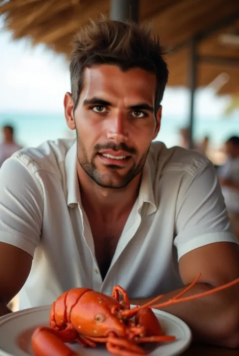  The camera focuses on me from the front .  I am a man as I am .  Im at the bar of a beach bar in Costa de Caparica,Eating lobster.