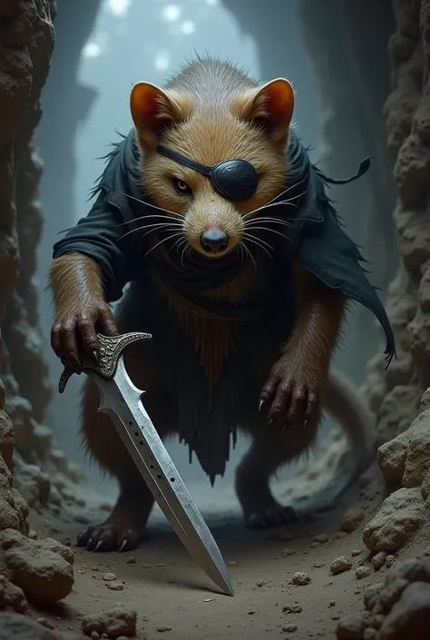 Weasel assassin from Dungeons and Dragons that has an eyepatch and a dagger made out of a dinosaurs tooth