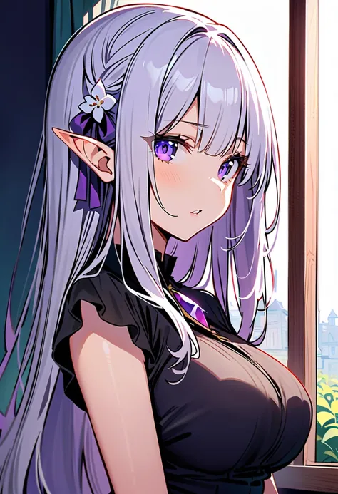 masterpiece,  top quality,  very beautiful , absurd, up to date, 1 girl, Big Breasts, aola _ slip ,,Emilia_(:zero), :zero_Cane_hajimeru_isekai_ Seikatsu , 1 girl,  Elf, pointy_ear, white_hair, length_hair,  Purple _eye, hair_flower, dss,flower, gem, gen_ge...