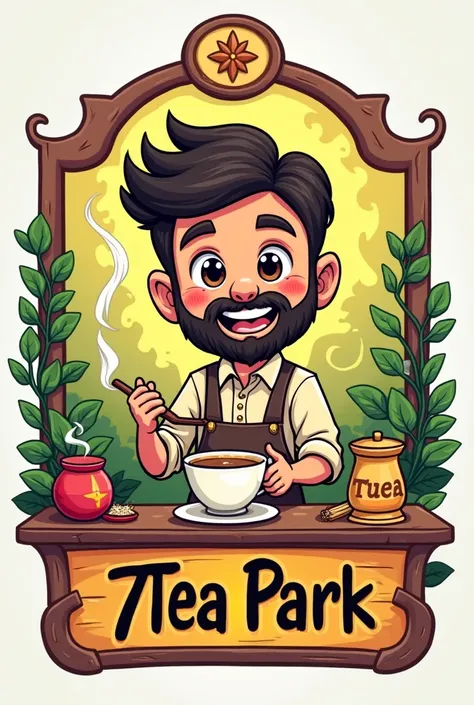 Creat a Logo for  Nepali cartoon animation young beard handsome boy  selling Local village Milk tea with ren spot  written named as 7Tea park
