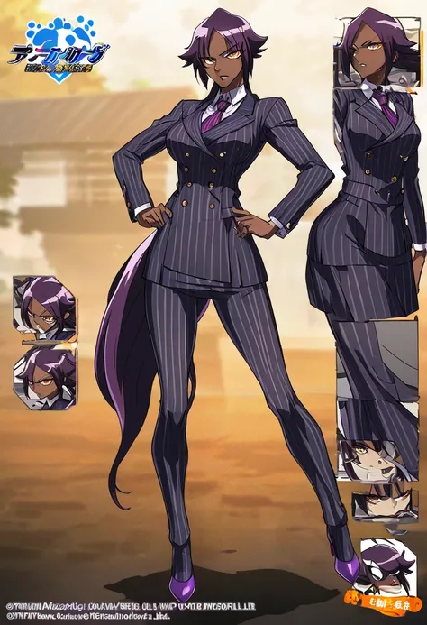  Full body Yoruichi as a fat  Black business woman in a double breasted pinstripe purple  skirt suit while wearing a tie with a purple pinstripe skirt and with purple wearing purple heels full art anime 