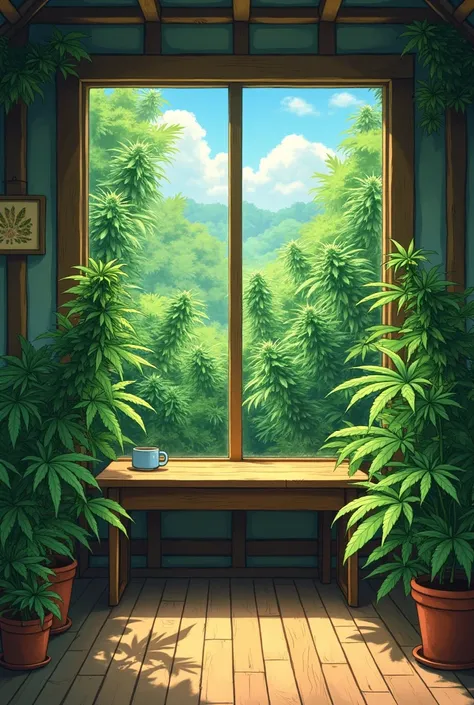 room full of marijuana with a wooden table in the front view, studio Ghibli style, no animals just a room