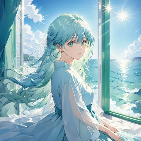  Light Blue Hair ,  long hair,  green eyes, Light green_background, Ocean見える部屋, Mercury, blue sky, curtain, Sitting by the window 、 The sunshine is shining. Ocean