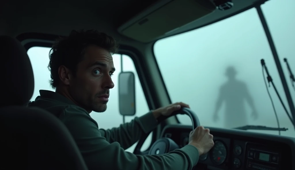 "The truck driver looks into the rearview mirror, his eyes wide with shock. The passenger seat is empty, and the cabin is eerily silent. Outside the truck, the fog grows denser, obscuring the road."