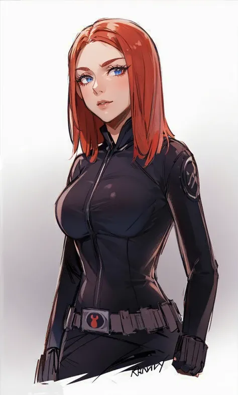 The image depicts Black Widow. She is illustrated with bright red, shoulder-length hair and blue eyes, and is clad in a sleek skin-tight shiny black latex bodysuit with a silver zipper running down the front. The suit is complemented by her shiny iron wris...