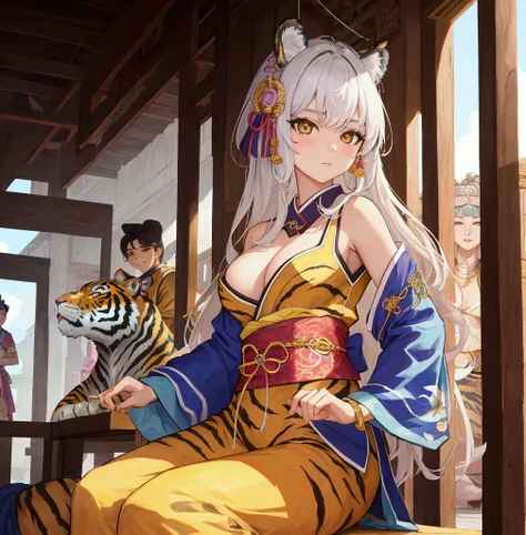 A tiger girl is looking at me in the background of a Joseon Dynasty palace.