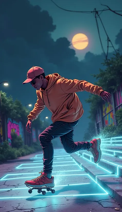 A vibrant and dynamic digital art illustration of a guy skating energetically in an urban post-apocalyptic environment. The character wears modern, stylish urban clothing, including a hoodie and sneakers, and is captured mid-skating move. The scene is infu...