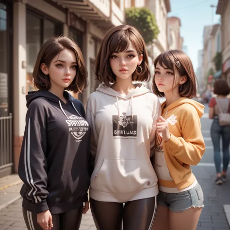 3 girls in hooded sweatshirt walk down the street and suddenly a metallic ball floats in front of her, She looks at the ball 
Medium hair ,  brown hair , 