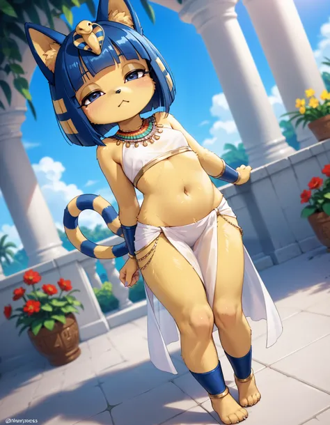 [isaCrossing], [Ankha; Animal Crossing], [Uploaded to e621.net; (Pixelsketcher)], kemono, dagasi, solo female ankha (animal crossing) with ((cute and short body with homogenous yellow fur)), ((cute body)), (full body), (dutch angle), (blue hair), (blue eye...