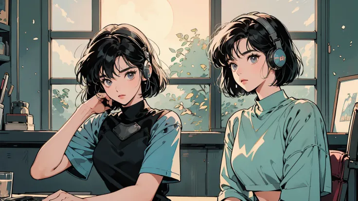   very detailed,  perfect face, black hair,  bob cut,bangs,  gray eyes, Top of the crop, Short sleeve,  crop top, Big Breasts, 90s anime style、  knight 、studio、 a moon 、 girl with headphones、レイト knightルーム、Listening to music alone、 Urban Pop 、 Low image qua...