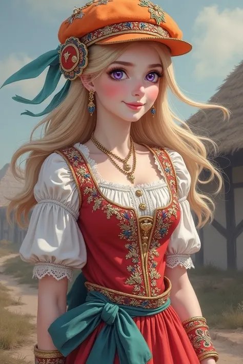 young woman blonde russian national costume
purple eyes orange hat red clothes