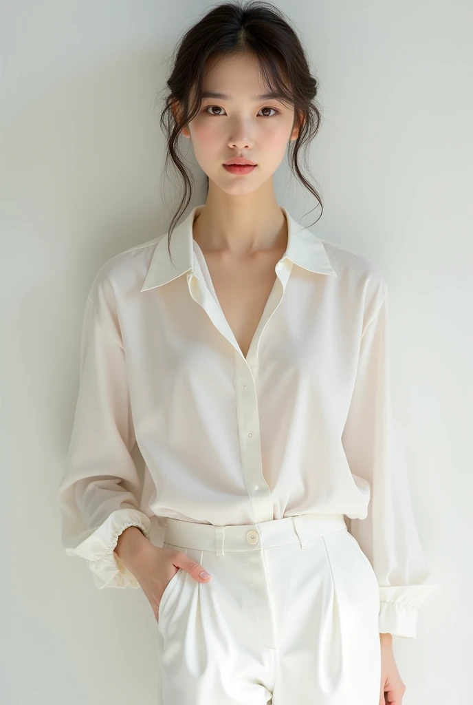 Female model with white blouse and white pants