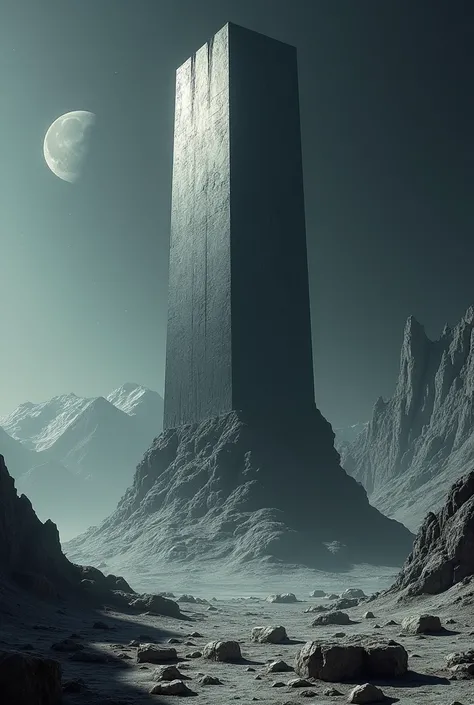 "A massive, alien-like monolith partially buried on the lunar surface, its material dark and metallic, reflecting faint light from the Sun. The structure towers over the rocky terrain, surrounded by eerie, otherworldly shadows."