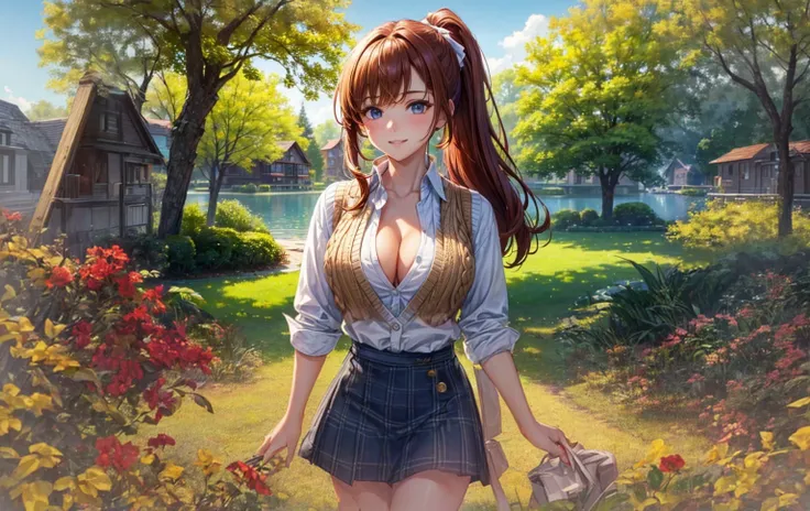 1girl, solo, summer, trees, water, house, fantasy landscape, red hair, ponytail, large full breasts, ((light brown vest sweater)), button down, dark blue eyes, ((white shirt)), ((short sleeved shirt)), ((unbuttoned shirt)), (unbuttoning shirt), (cleavage),...