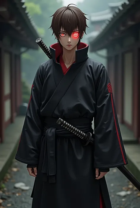 Create a ninja from the Naruto universe with a sharingan with short brown hair and put on him brown hair and a katana its a man