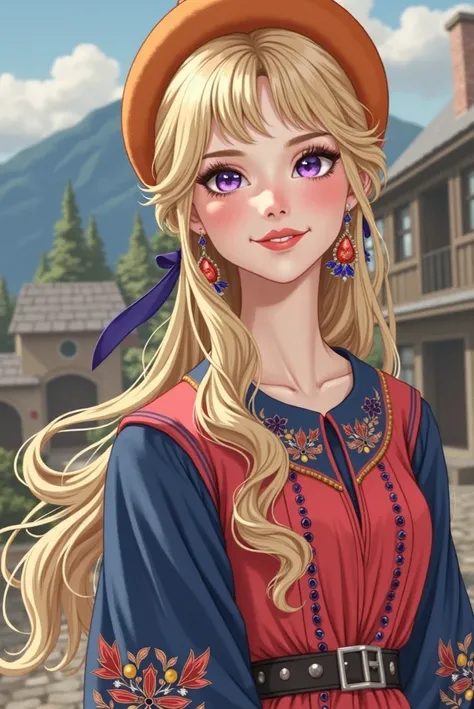 young woman blonde russian national costume
purple eyes orange hat red clothes