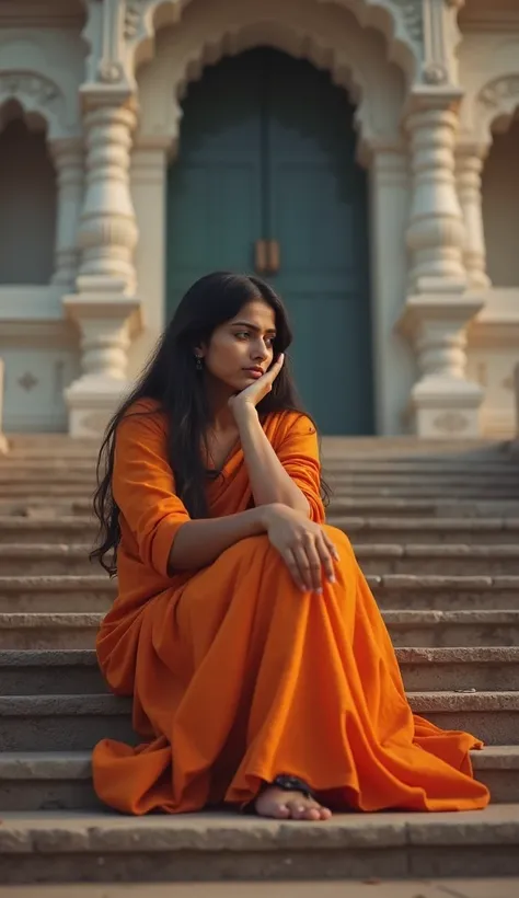 22 year old Indian women sitting in plain orange salwar suit, she is sad, sitting on temple stairs, and in the background a blur temple