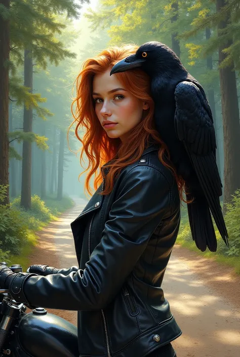 Recraft : Dans le style peinture a lhuile une jeûne femme au cheveux auburn et blouson de cuir noir est assise sur une moto sur une route de forêt,A raven is placed on his shoulder